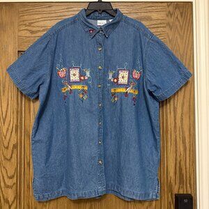 Bobbie Brooks Cotton Denim Button Embroidered Blouse Sz 18W / 20W